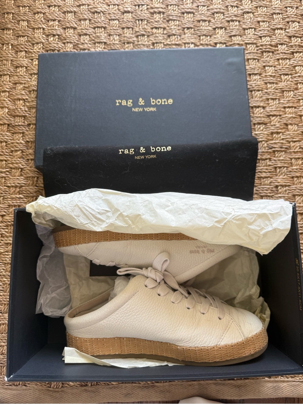 Rag & Bone Women’s Slip On Mule Leather Sneakers in White/Bone with Raffia